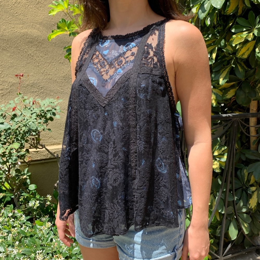 FREE PEOPLE Lace Overlay Tank with Ties